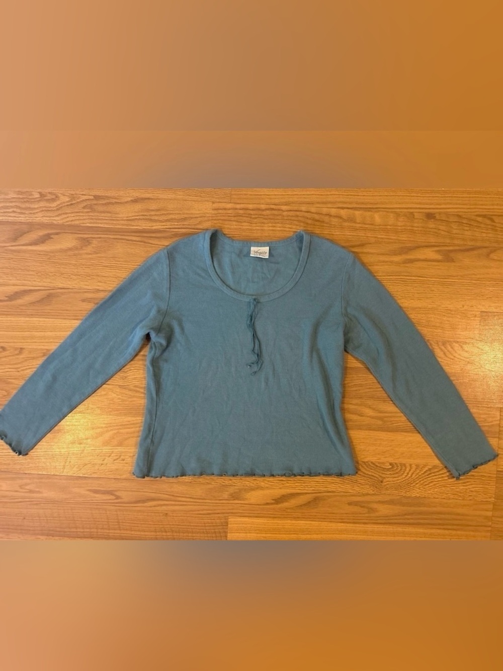 Vintage Varsity Sport Teal Waffle Knit Tie Neck Top USA Made Medium
